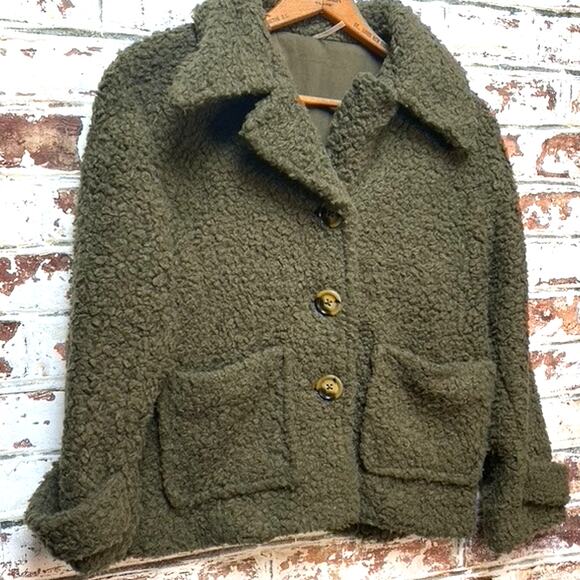 Free People Olive So Soft Faux Shearling Pea Coat Teddy Swing Jacket - Picture 7 of 11